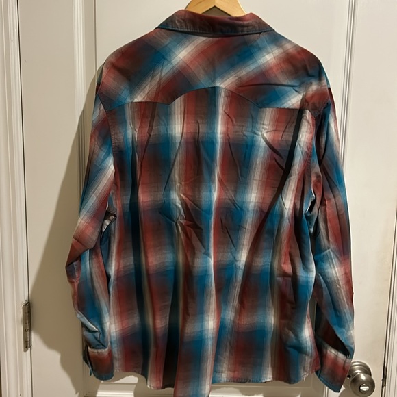 Men’s XXL Wrancher by Wrangler Red White and Blue Plaid Pearl Snap Long Sleeve - Picture 4 of 5